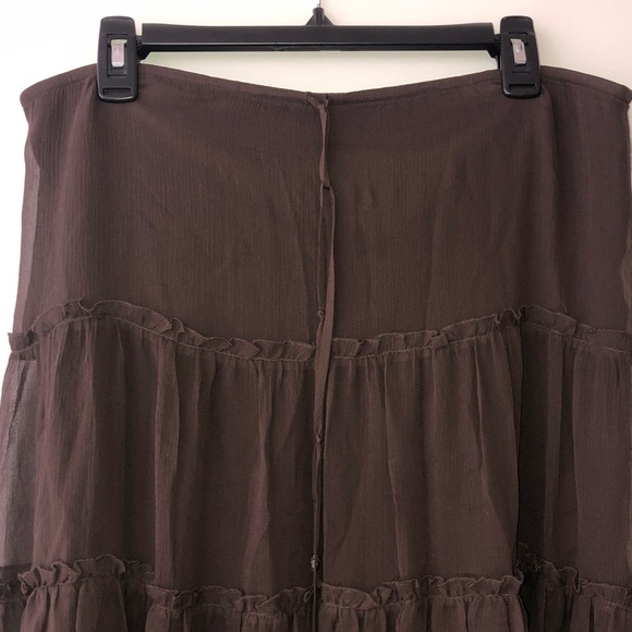 Express Brown Tiered A-Line Midi Skirt 100% Silk - Picture 2 of 8